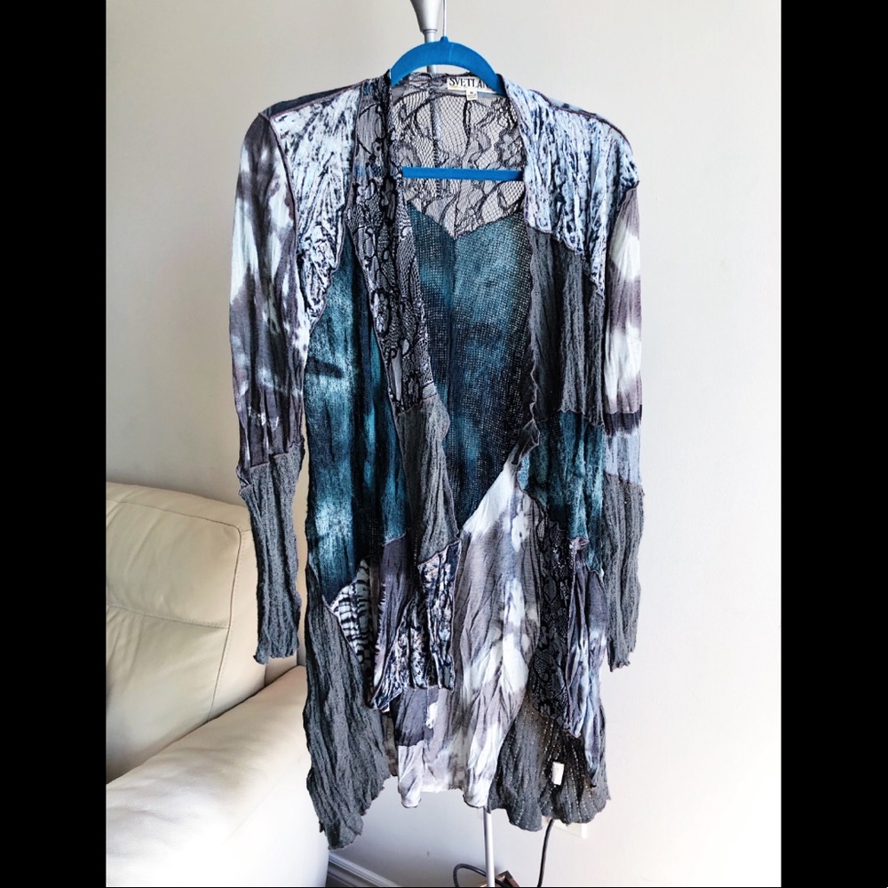 NWOT Svetlana Size Medium Blue Grey White Cardigan